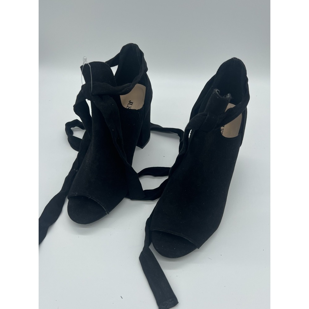 JUSTFAB Black Suede Peep Toe Lace Up Block Heel Ankle Wrap Sandals Women's US